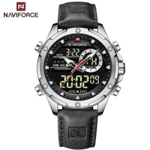 ساعت مردانه مارک ناویفورس مدل naviforce 9208بند چرم صنعتی موتور ژاپن ضد اب دوزمانه چراغ دار اورجینال شرکتی کد 1301