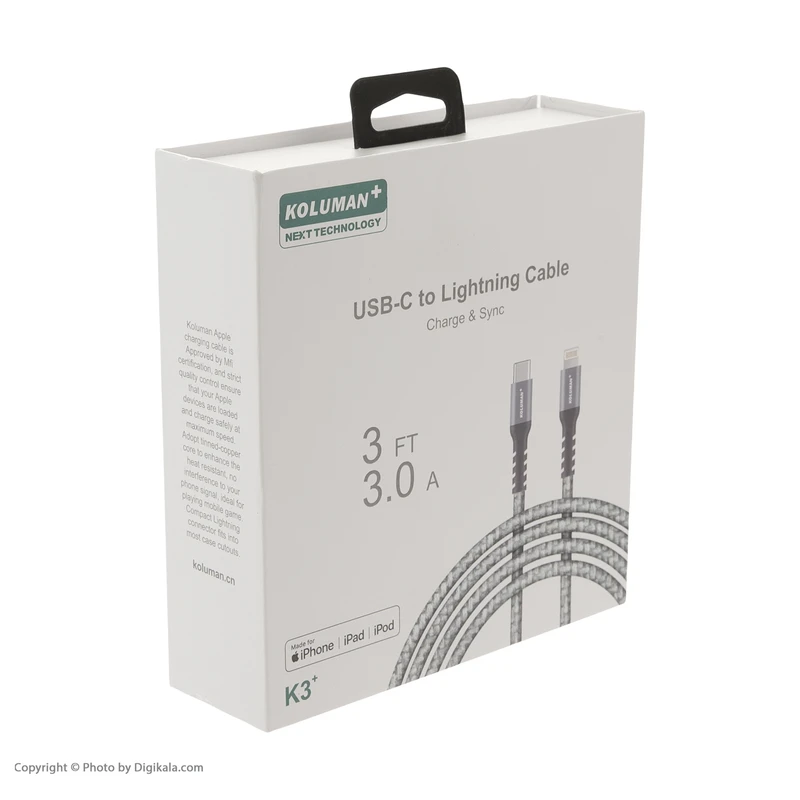 کابل USB-C به لایتنینگ کلومن پلاس مدل +K3 طول 1 متر PD کد m17952