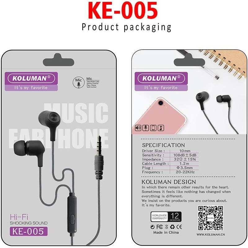 هندزفری سیمی کلومن KOLUMAN مدل KE-005 سفید کد m20070