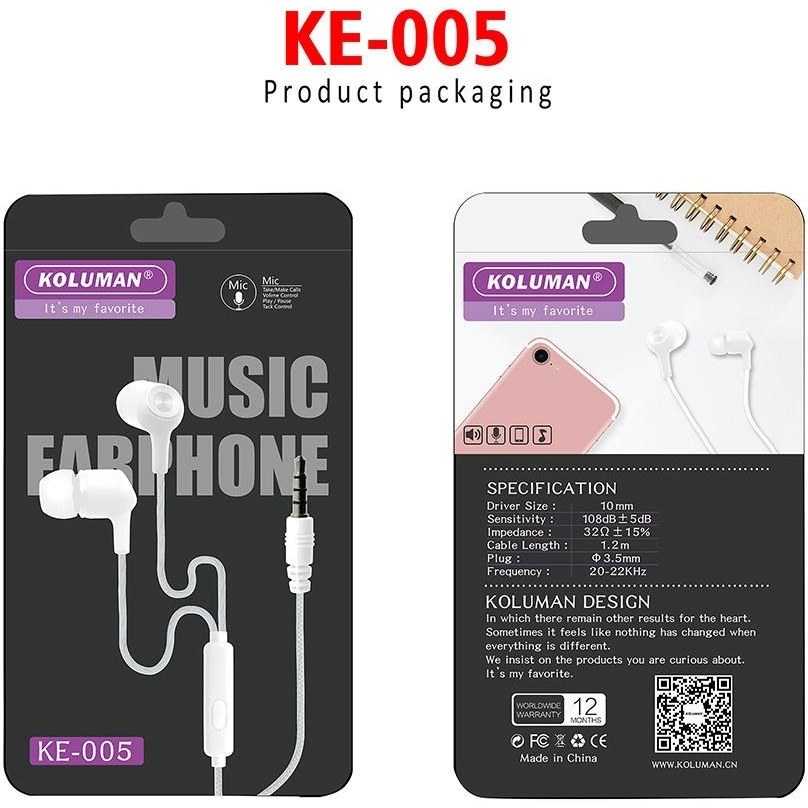 هندزفری سیمی کلومن KOLUMAN مدل KE-005 سفید کد m20070